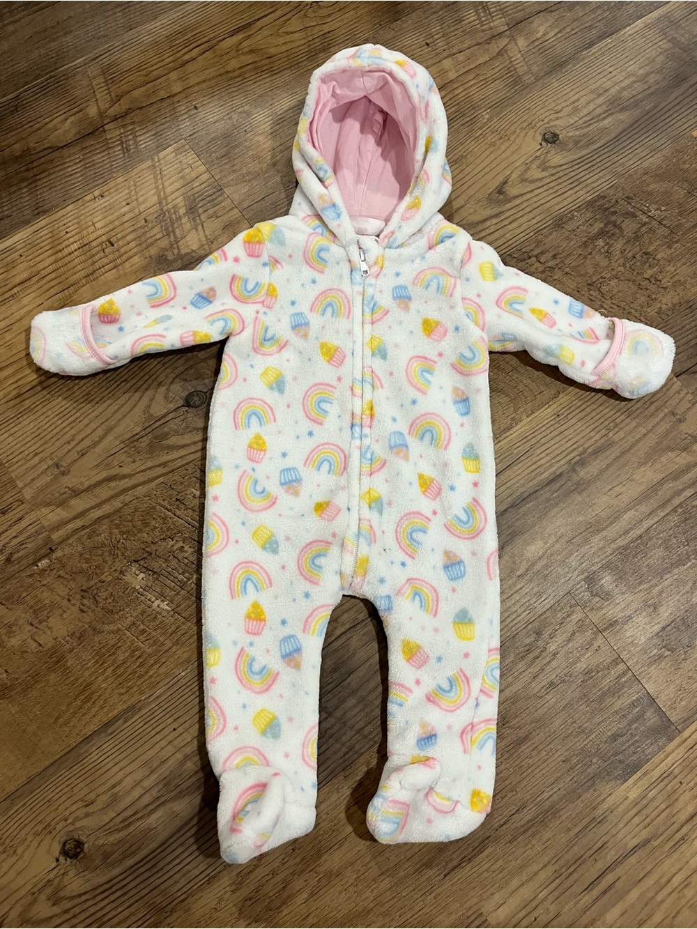 Cozy Pink Lined Rainbow & Cupcake Hooded One-Piece for Kids